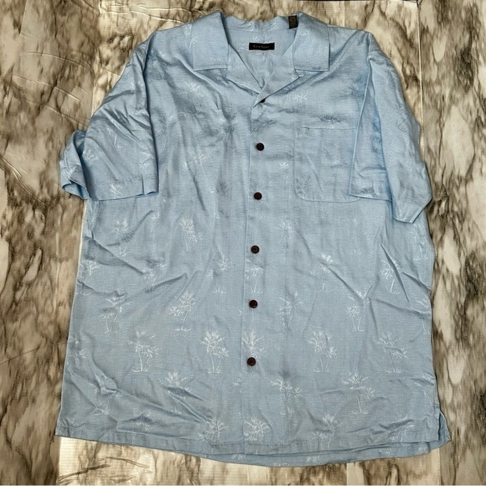 Blue Hawaiian Button Down Short Sleeve Shirt Coconut Buttons Palm Tree Vacation